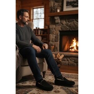 "Nordstrom" Mens Black Suede Moccasin Slippers Faux Fur Lined PLZ READ-10-10.5?